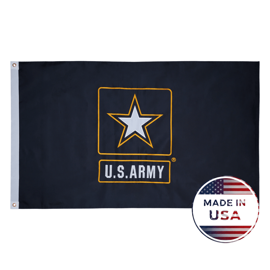 Black U.S. Army flag with white and gold star emblem, U.S. ARMY lettering and grommets