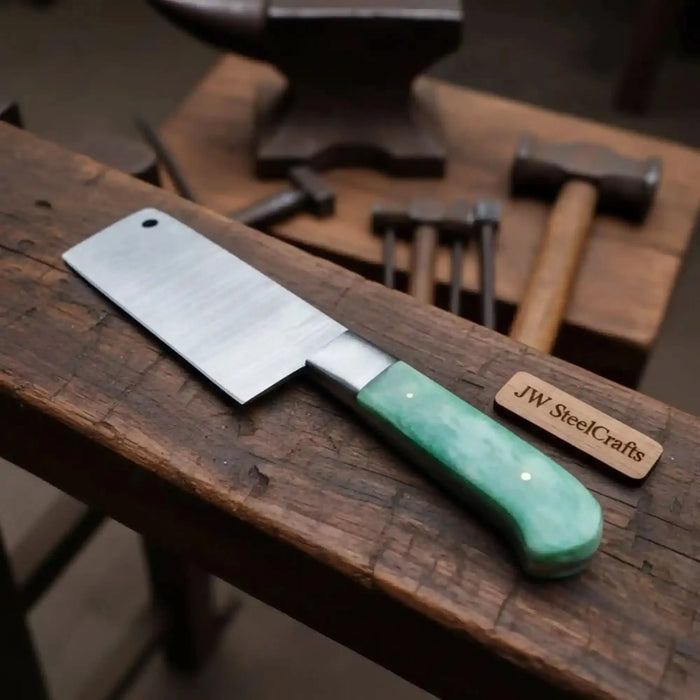 Six-inch Damascus Chinese vegetable cleaver with green bone handle