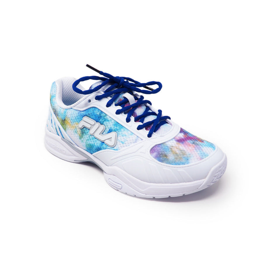Blue bubble-braid shoelaces laced into a patterned white running shoe