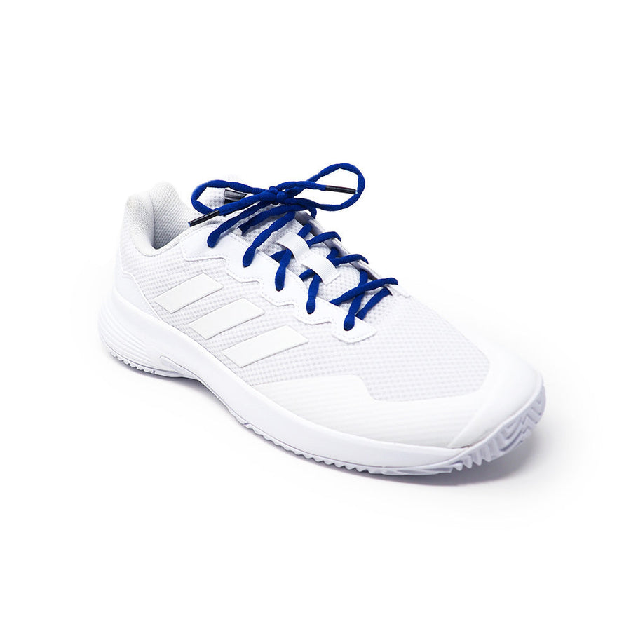 Blue bubble-braid shoelaces laced into a white running shoe