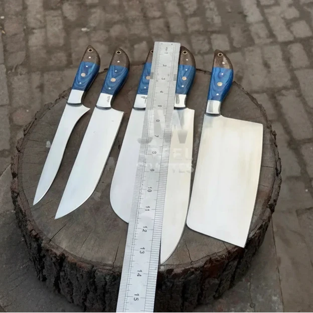 Four-piece carbon steel kitchen knife set with blue Pakka wood handles