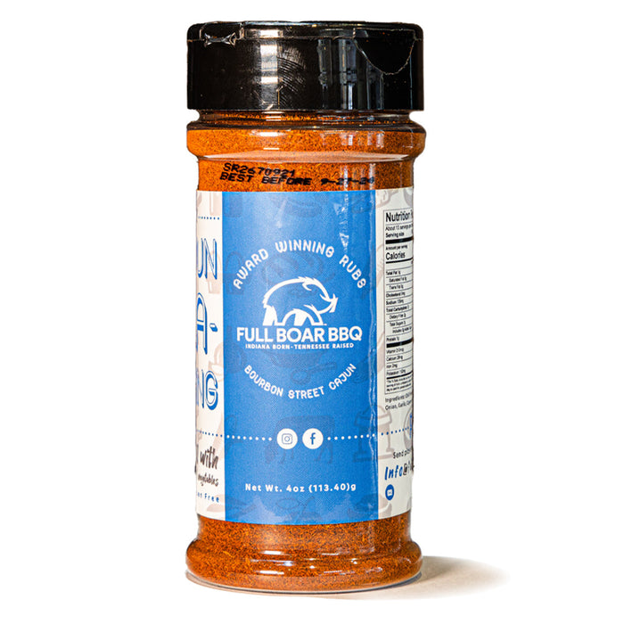 Bourbon Street Cajun Seasoning bottle with a blue label and black shaker cap.