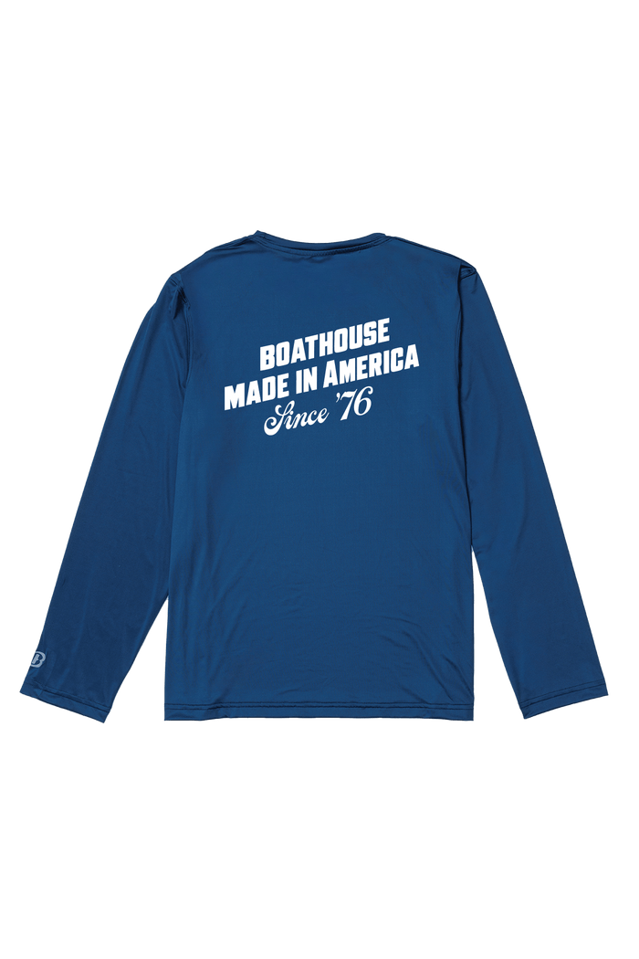 USA ’76 UPF 50+ Long-Sleeve Shirt: navy USA 76 graphic sun shirt, front view.