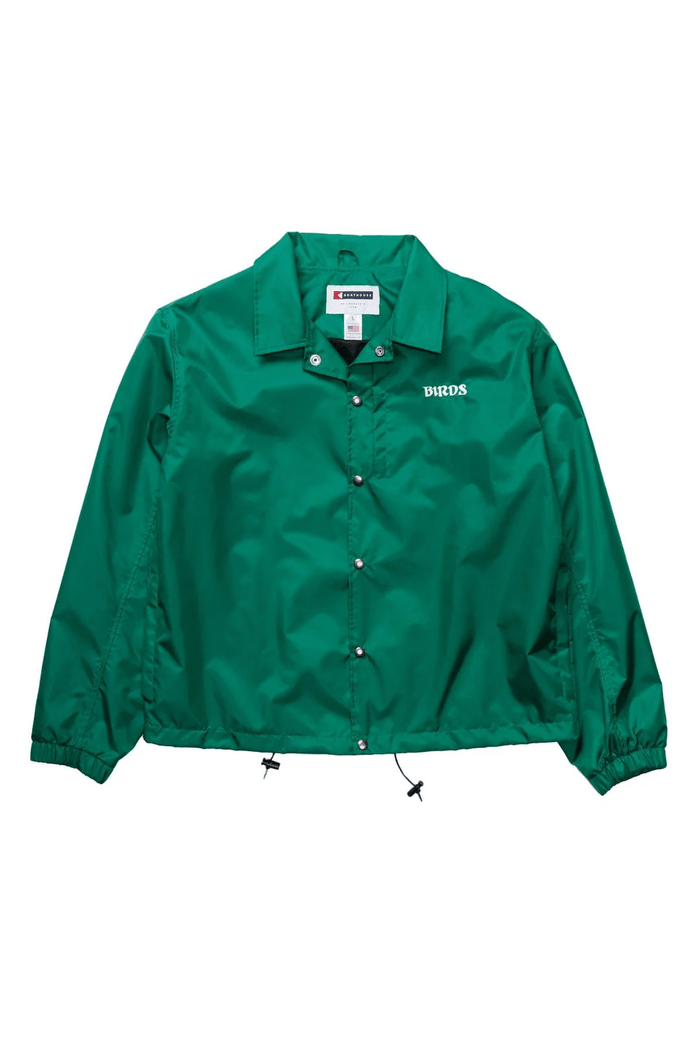 Birds Coaches Windbreaker: green snap-front jacket, front view.