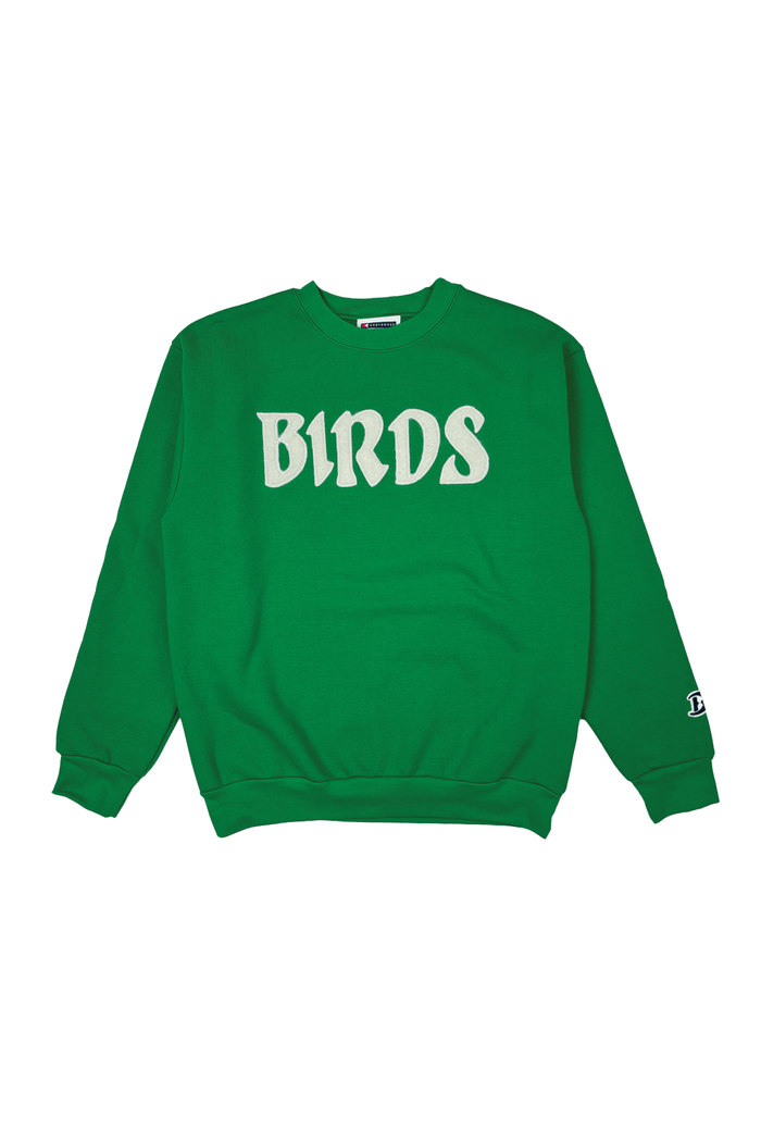 Birds Felt Crewneck Sweatshirt: green Birds felt sweatshirt, front view.