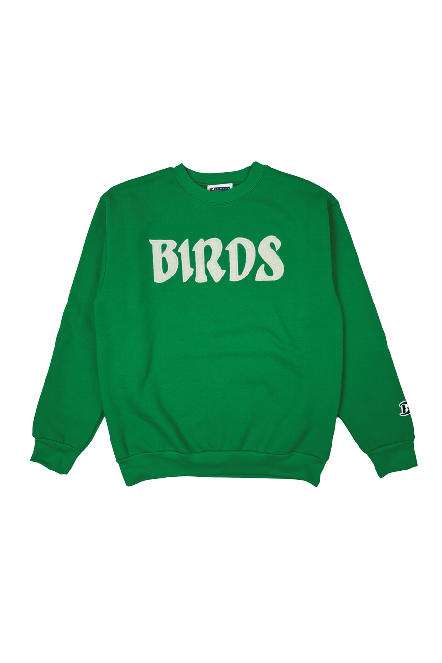 Birds Felt Crewneck Sweatshirt: green Birds felt sweatshirt, front view.