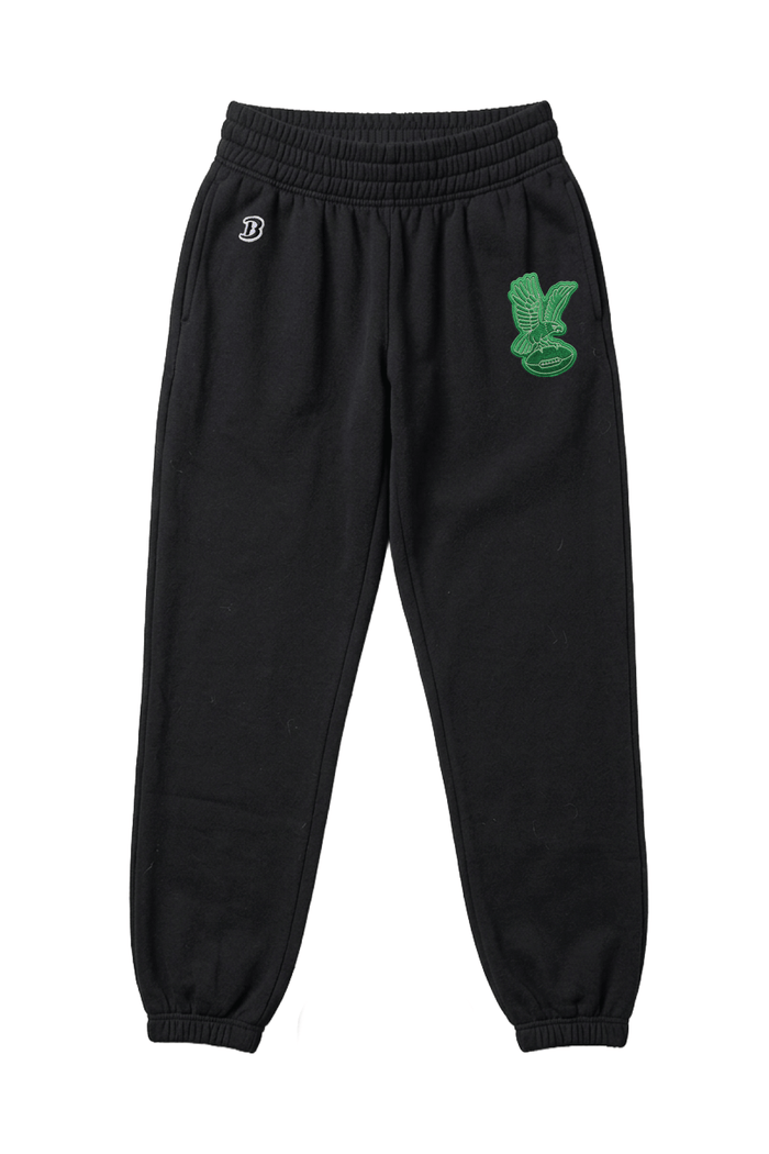 Birds Embroidered Sweatpants: black sweatpants with green embroidered eagle.