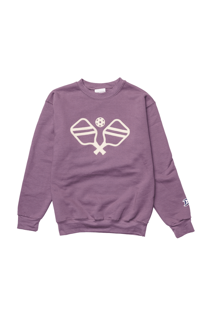 Pickleball Felt Crewneck Sweatshirt: mauve pickleball felt crewneck, front view.