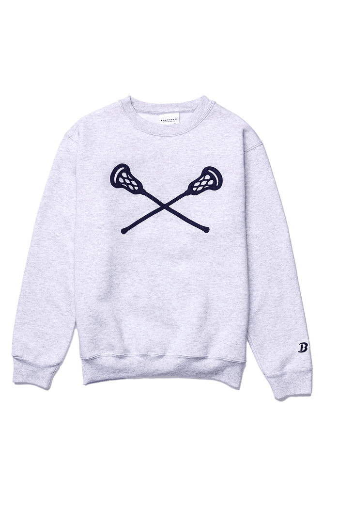 Lacrosse Felt Crewneck Sweatshirt: grey crewneck with crossed lacrosse sticks.