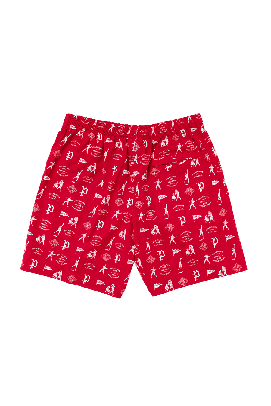 Men’s Baseball Journey Shorts 2.0: red baseball-print shorts, back view.