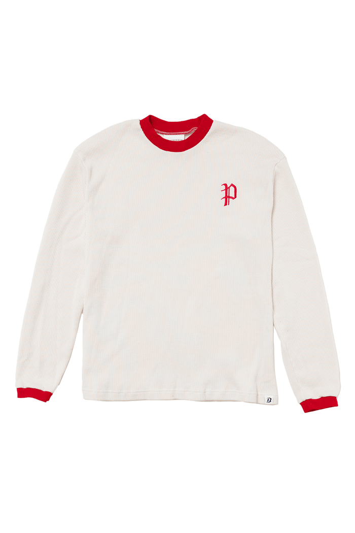 Men’s Fightins Cotton Thermal Shirt: cream thermal shirt with red trim and P embroidery, front view.