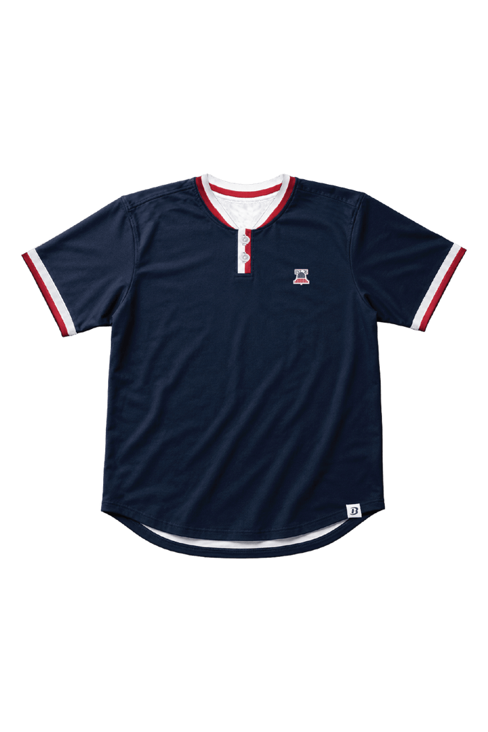 Men’s Liberty Performance Henley: navy Henley with contrast neck and sleeve trim.