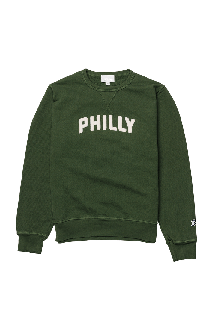 Philly Felt Crewneck Sweatshirt: green Philly felt crewneck, front view.