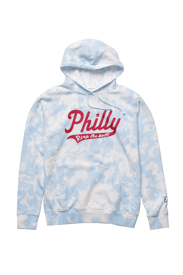 Philly Ring the Bell Tie-Dye Hoodie: pale blue tie-dye hoodie, front view.