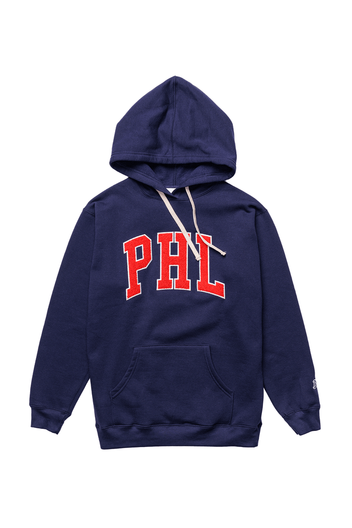 PHL Chenille Hoodie: navy PHL chenille hoodie, front view.