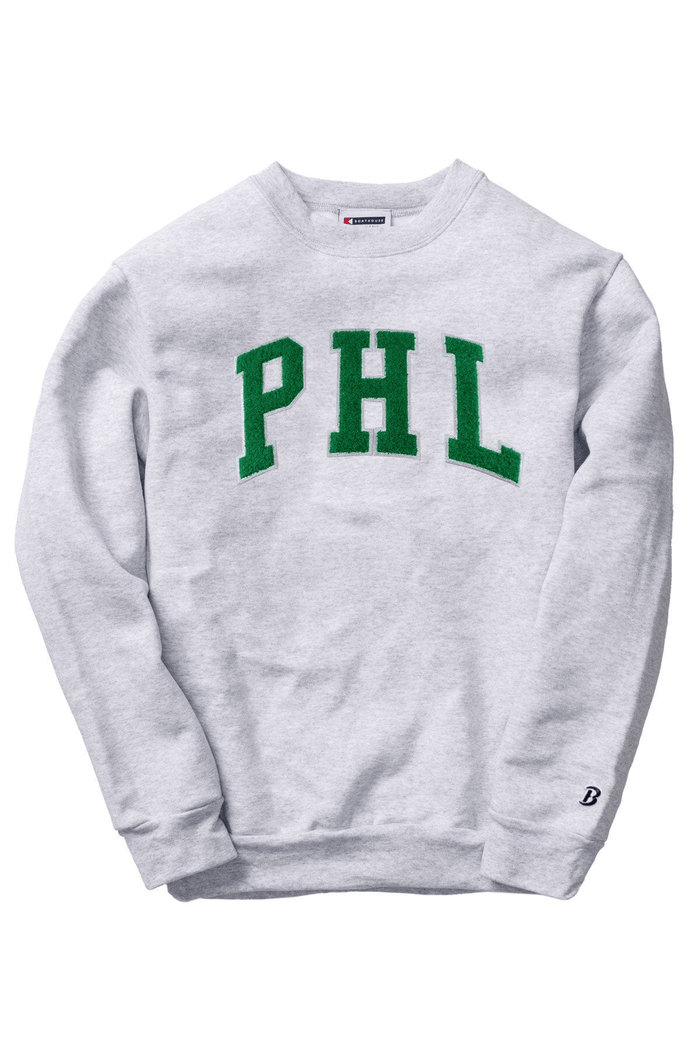 PHL Chenille Crewneck Sweatshirt: grey sweatshirt with green PHL chenille, front view.