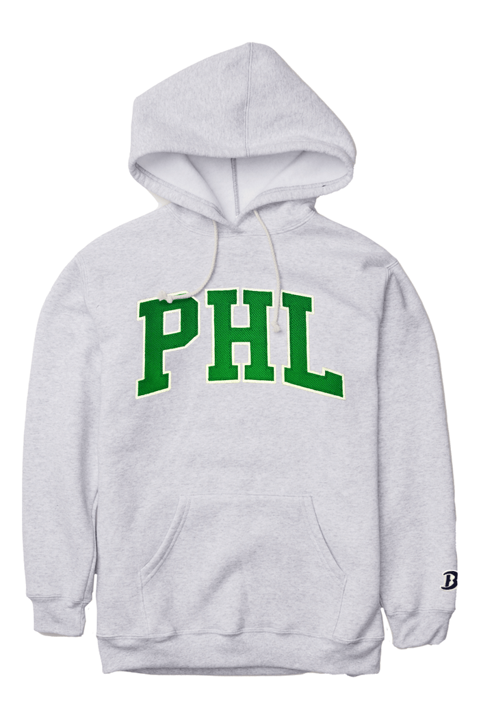 PHL Tackle-Twill Hoodie: grey PHL hoodie, front view.