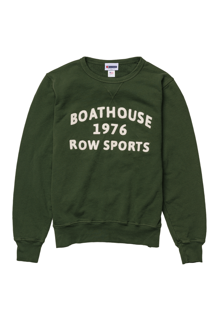 Row Sports Felt Crewneck: green Row Sports felt sweatshirt, front view.