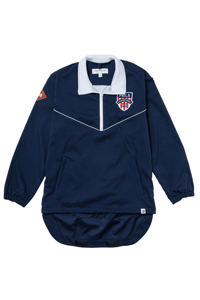 Stevenson Phila Baseball Jacket: navy baseball jacket, front view.