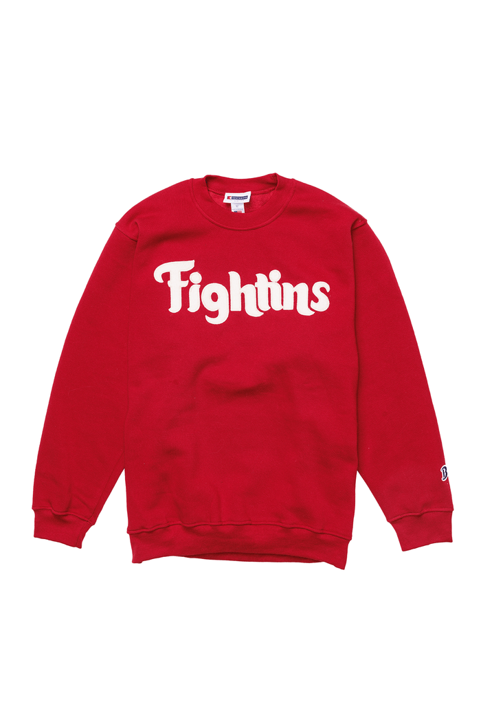 Fightins Felt Crewneck Sweatshirt: red felt Fightins sweatshirt, front view.