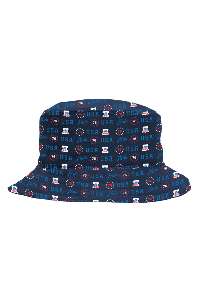 USA ’76 Supplex Bucket Hat: navy bucket hat with all-over patriotic print.