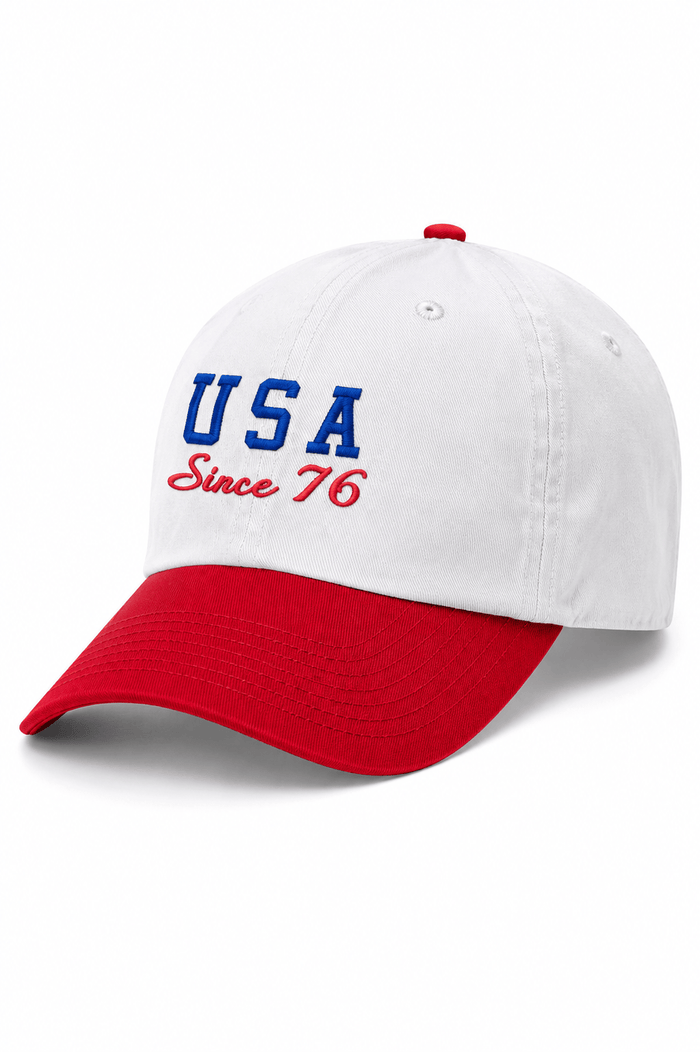 USA ’76 Cotton Twill Dad Cap: white USA cap with red bill.