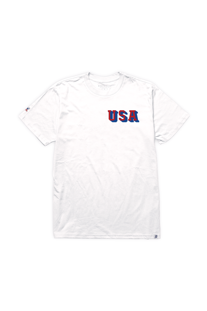 USA Ring-Spun Cotton Graphic T-Shirt: white T-shirt with small USA chest graphic.