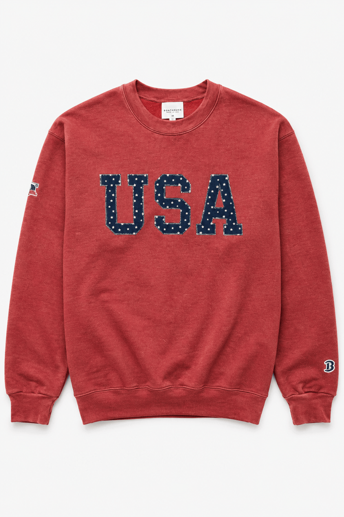 USA Felt Crewneck Sweatshirt: red USA felt sweatshirt, front view.