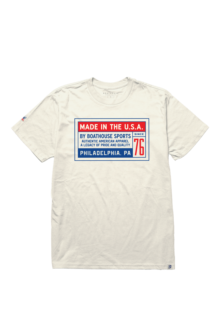USA Stamp Ring-Spun Cotton T-Shirt: cream USA Stamp graphic T-shirt, front view.