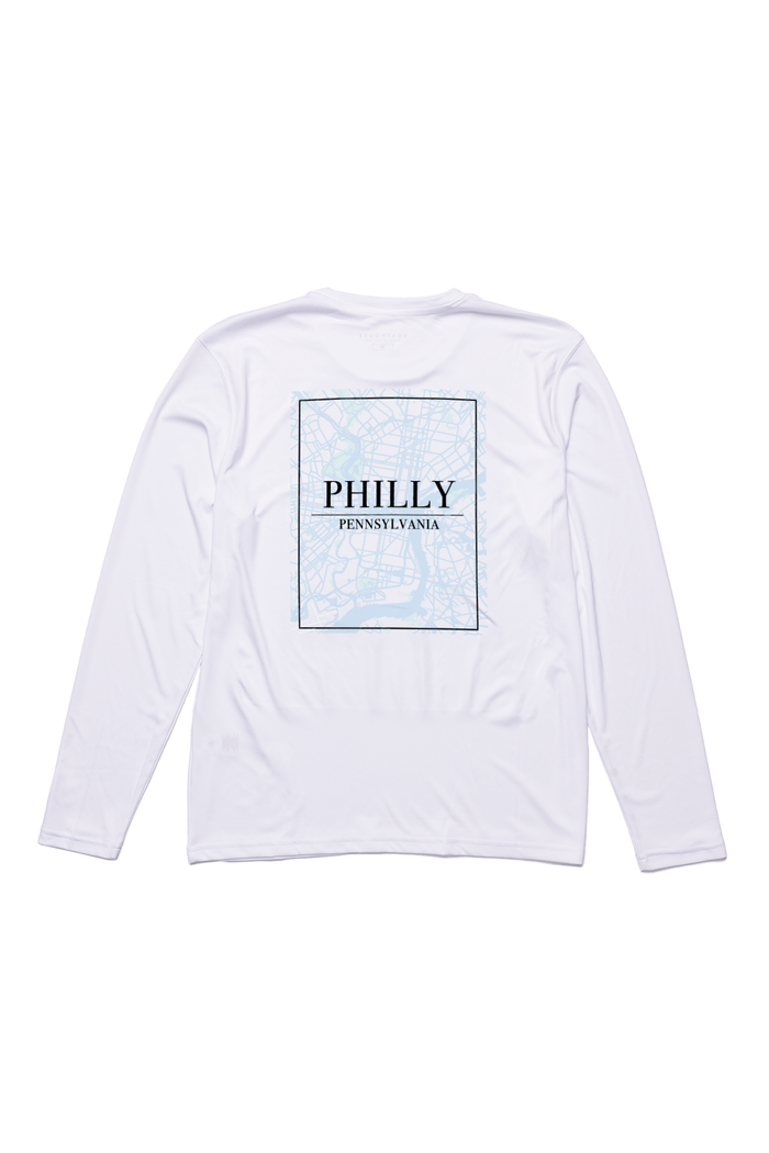 Graphic UPF 50+ Long-Sleeve Sun Shirt: white graphic sun shirt, front view.