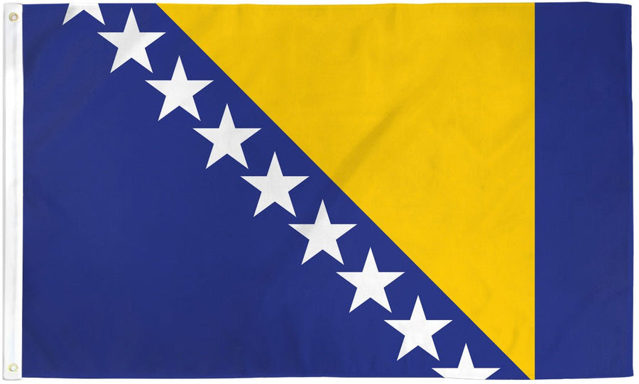 Bosnia and Herzegovina flag made in USA with blue field yellow triangle and white stars