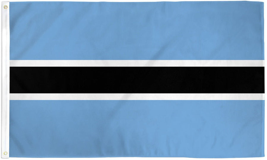 Botswana flag made in USA with light blue field and black stripe bordered in white