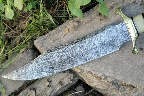 Handmade Damascus Bowie Knife with Bone Handle – 15”