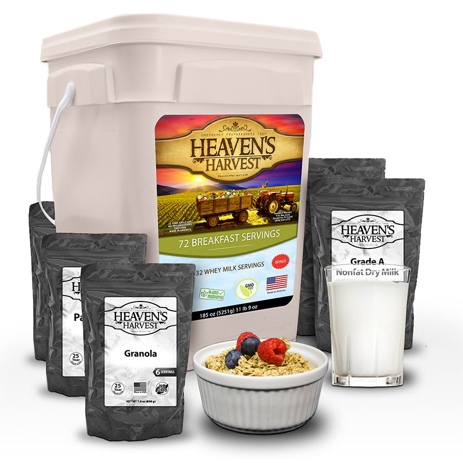 Breakfast food bucket with pouches, prepared cereal and milk, serving suggestion