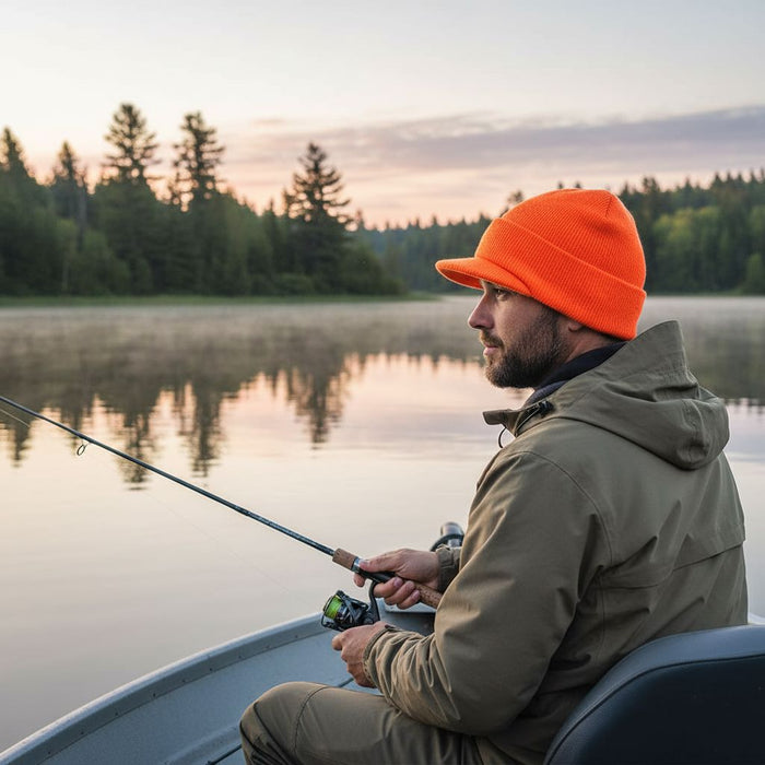 Orange brimmed alpaca knit hat worn beside a lake