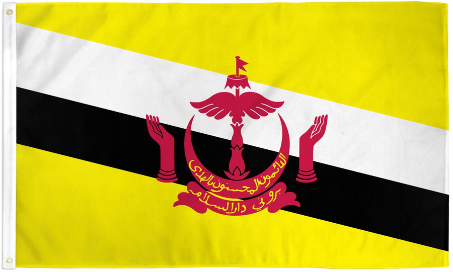 Brunei flag made in USA with yellow field black white diagonal bands and red crest
