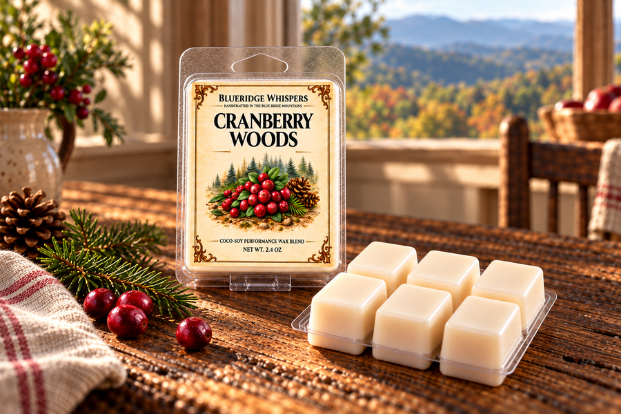 Cranberry Woods wax melt clamshell and cubes on a porch table with a distant mountain view