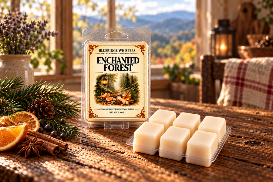 Enchanted Forest wax melt pack and cubes on a mountain porch table with citrus and cinnamon