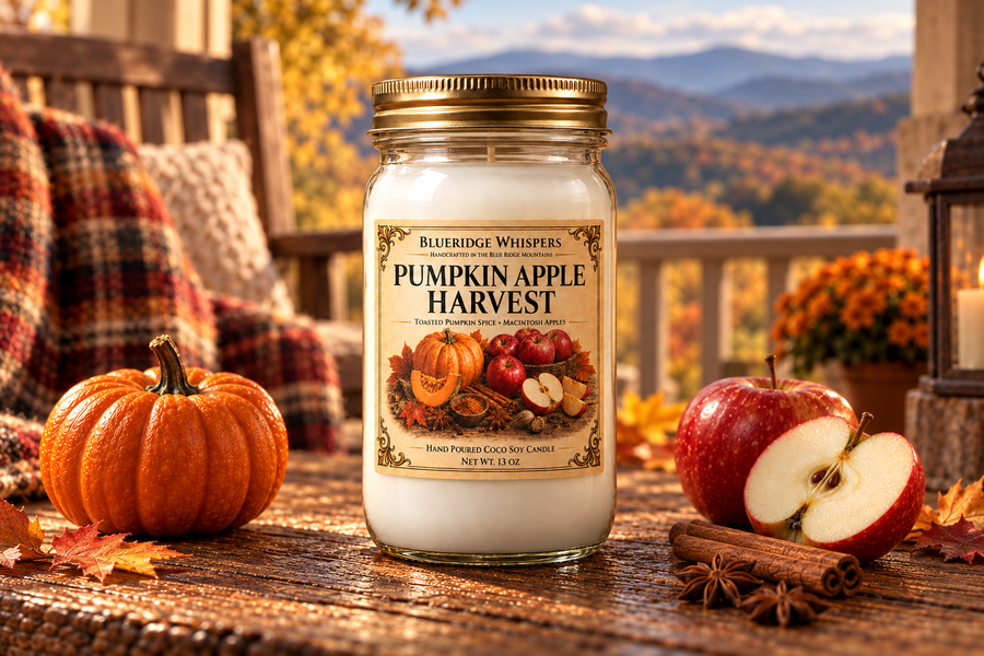 Pumpkin Apple Harvest jar candle on a porch table with pumpkins, an apple, and mountain scenery