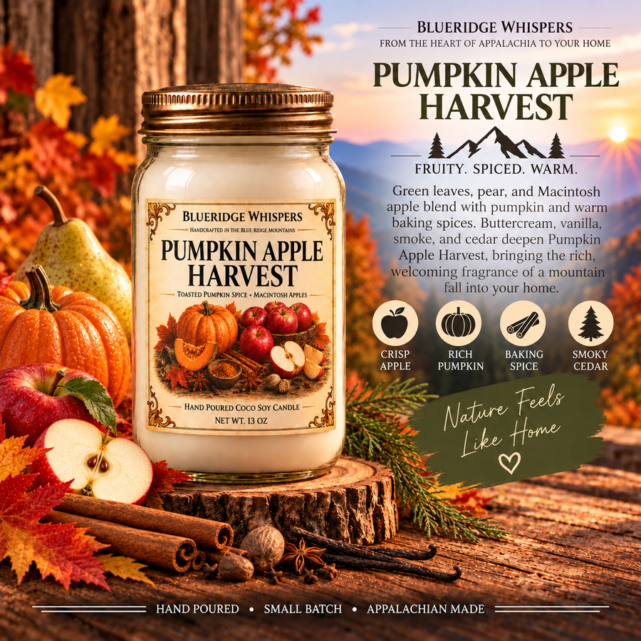Pumpkin Apple Harvest candle with an illustrated scent display, pumpkins, apples, and fall leaves