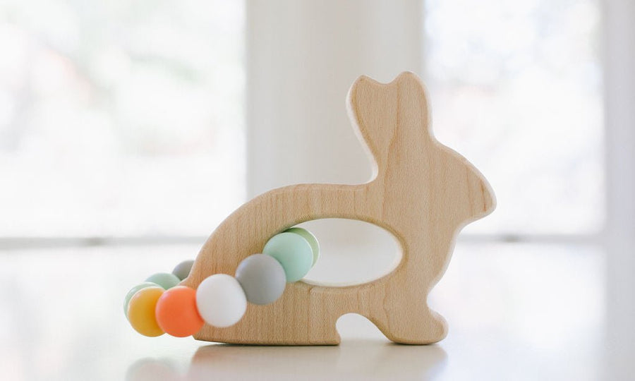 Bunny Wooden Grasping Toy with Silicone Teething Beads