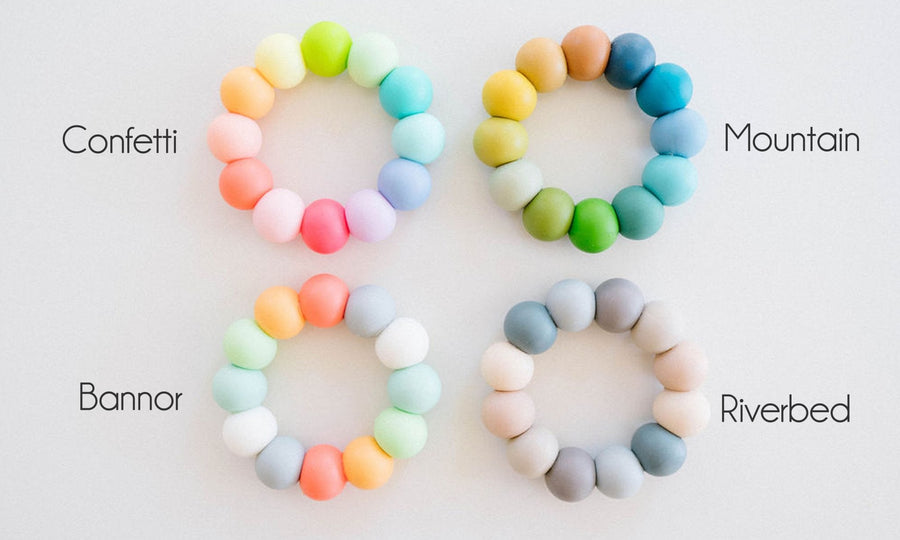 Silicone bead color reference showing Confetti, Mountain, Bannor, and Riverbed combinations