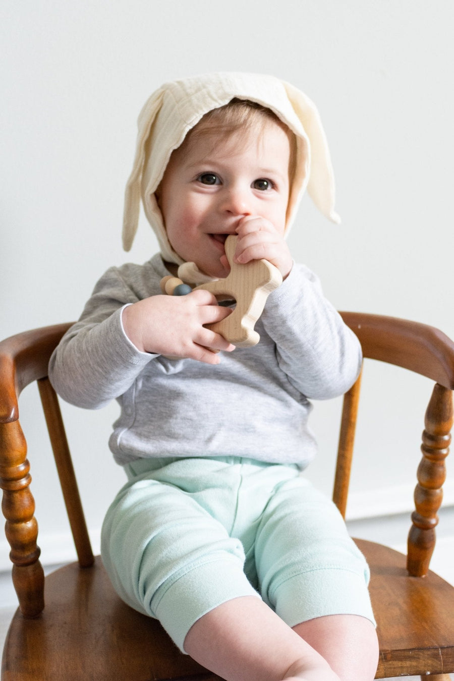 Bunny Wooden Grasping Toy with Silicone Teething Beads