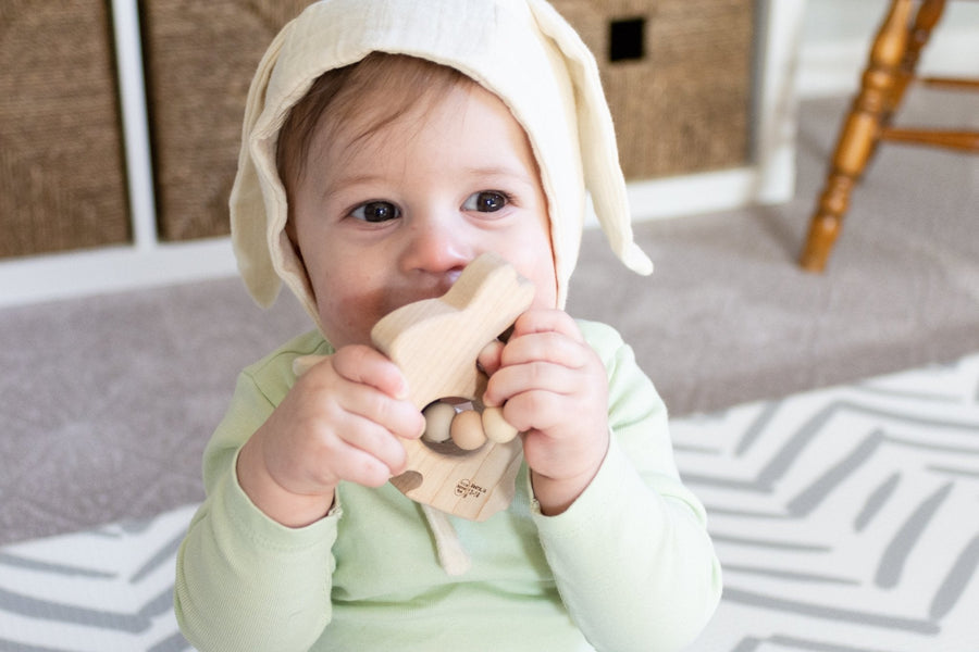 Bunny Wooden Grasping Toy with Silicone Teething Beads