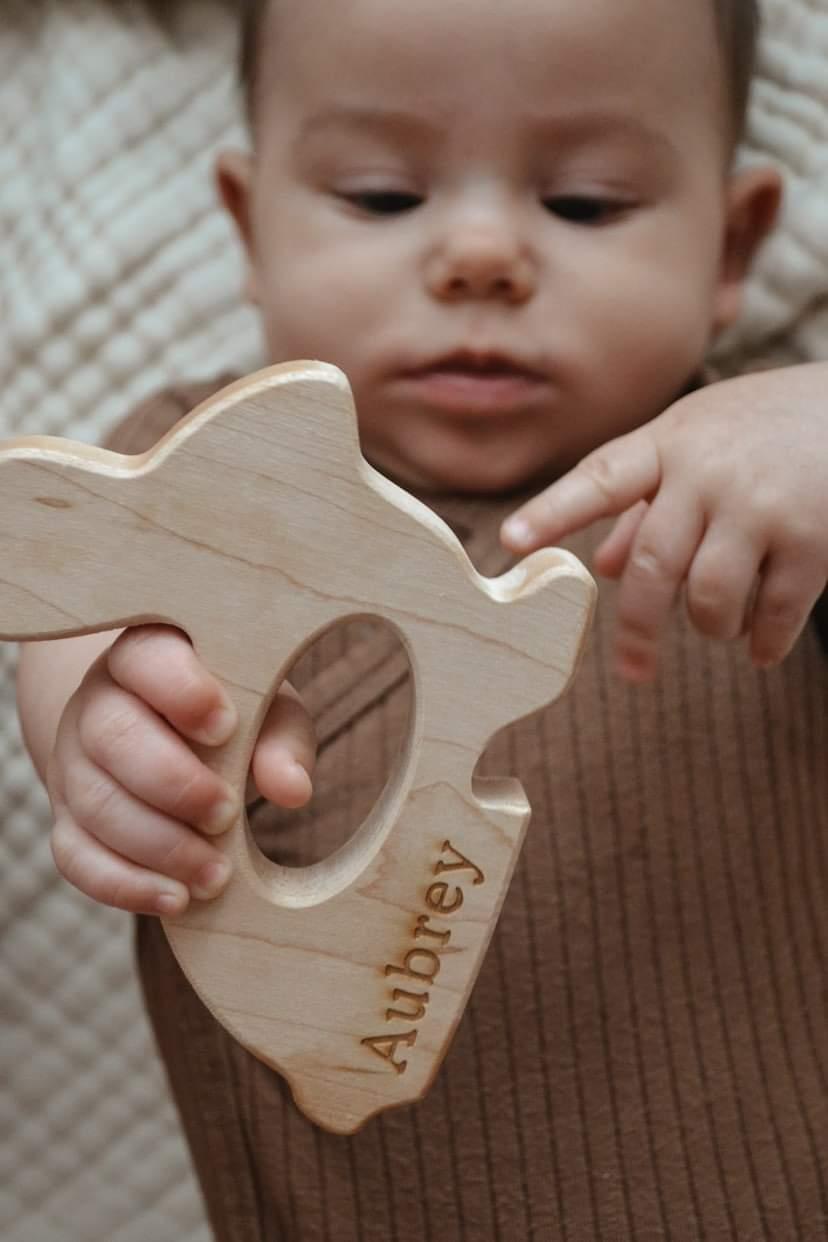 Bunny Wooden Grasping Toy with Silicone Teething Beads