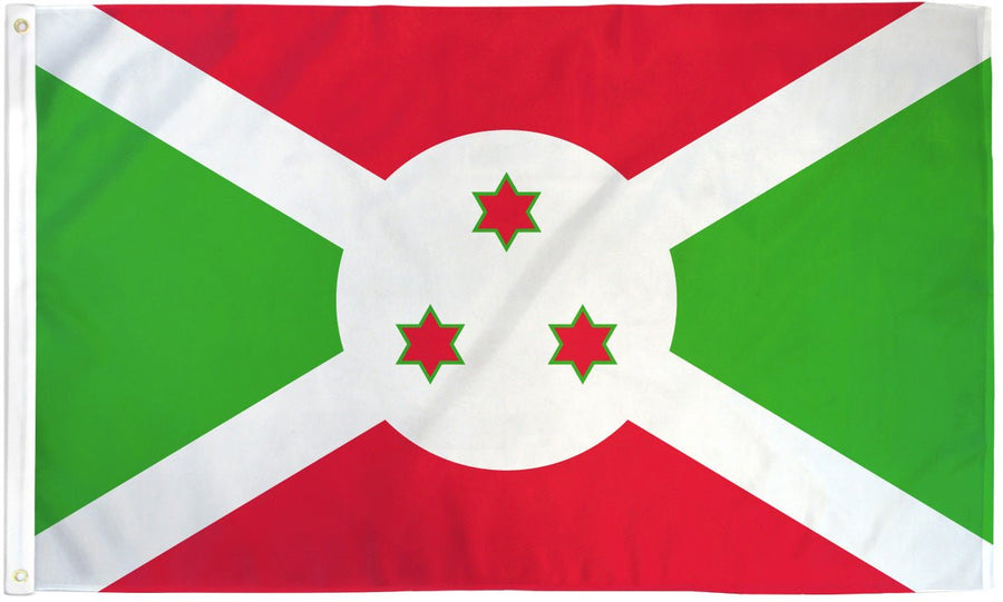 Burundi flag made in USA with red green fields white cross and three stars