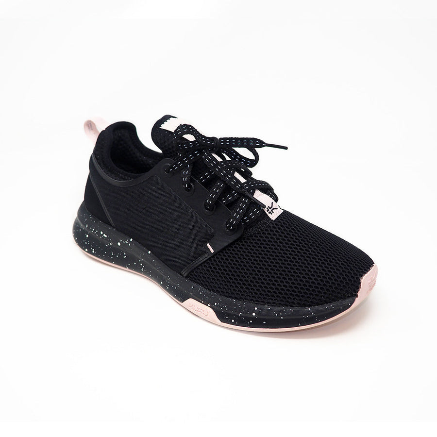 Black reflective shoelaces laced into a black running shoe