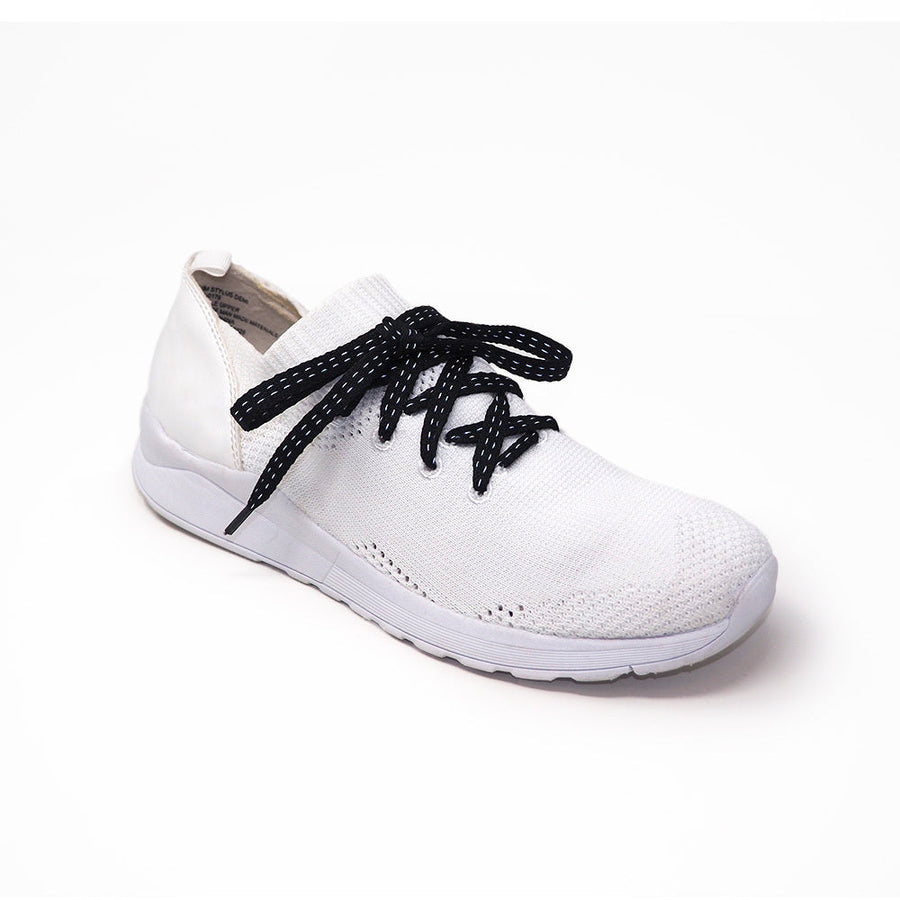Black reflective shoelaces laced into a light gray running shoe