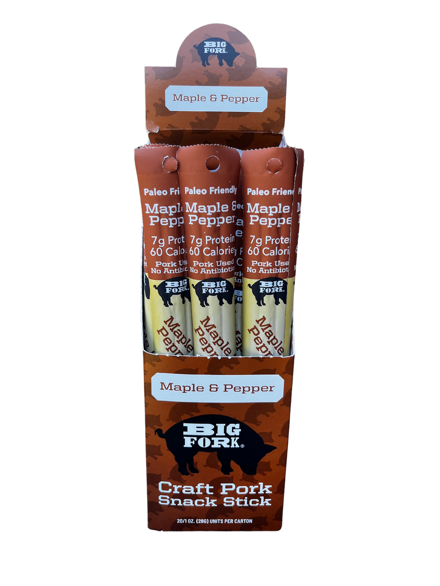 Display case of Maple & Pepper individually wrapped pork snack sticks