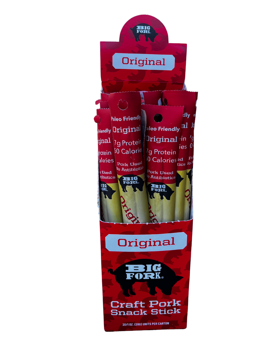 Display case of Original individually wrapped pork snack sticks
